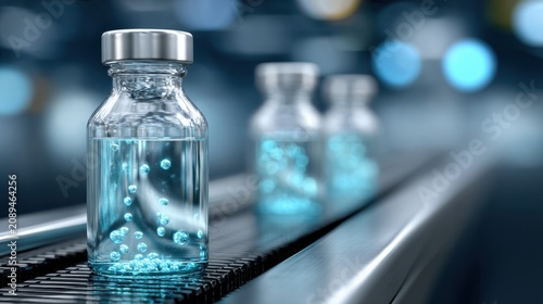 Glass vial with transparent liquid and bubbles on a production line with blurred background for pharmaceutical and laboratory concepts