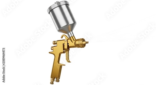 Gold colored paint spray gun with a metal canister attached isolated on a white background, for industrial painting, and coating tasks