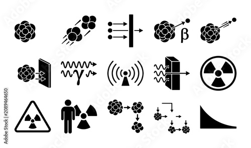 Tableau sur toile Nuclear physics and radioactivity icons set, 15 black vector symbols for atomic