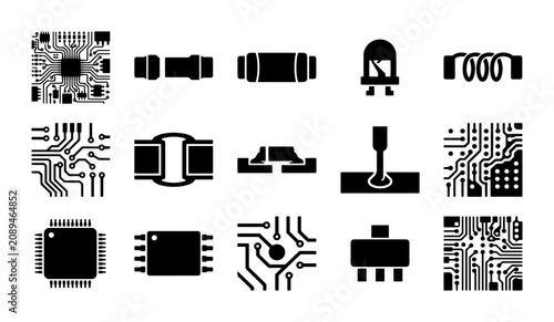 Quadro su tela Electronic components and circuit board icons, 15 black solid vector symbols of