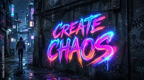 neon graffiti on city wall reads create chaos in an alleyway at night