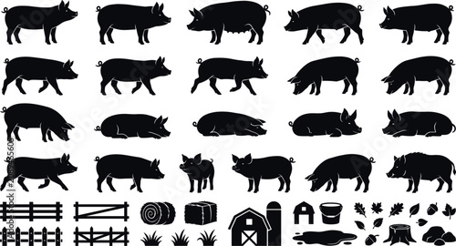 Bild auf Leinwand Silhouette collection of domestic pigs, sows, and hogs standing, walking, and resting with farm icons like barns, fences, hay bales, and muddy puddles vector