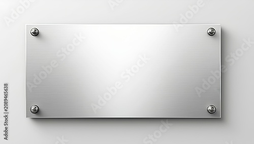 Artwork showing rectangular metallic plate with brushed finish secured by four shiny round screws on light-colored wall background