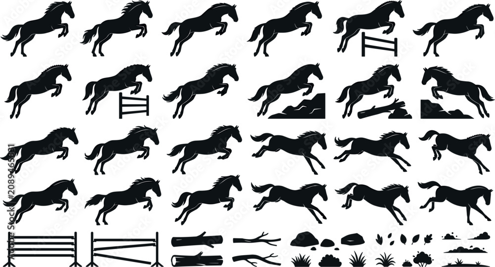 Fototapeta premium Silhouette collection of jumping horses and stallions clearing hurdles, logs, and hills with additional equestrian fence and nature design elements vector illustration.