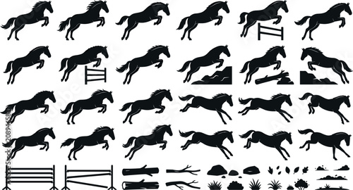 Foto Silhouette collection of jumping horses and stallions clearing hurdles, logs, and hills with additional equestrian fence and nature design elements vector illustration