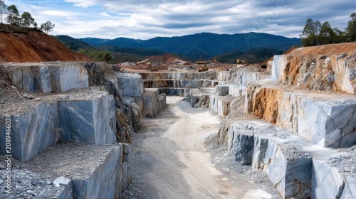 Scenic View of a Marble Quarry Surrounded by Mountains and Trees with a Dramatic Sky and Dirt Road Leading Through the Stone Pit Area