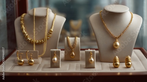 Luxury gold jewelry display in elegant boutique showcase