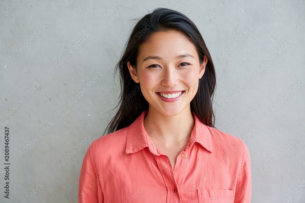Fototapeta premium Smiling young woman headshot portrait in coral shirt for personal profile and website about page with natural texture background