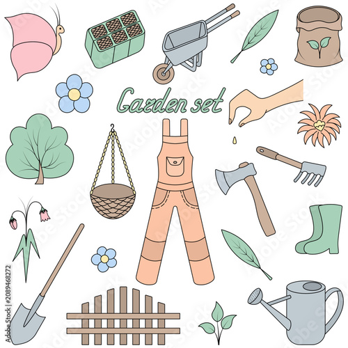 Gardening set. Color vector illustration. Isolated on white background. Human hand sowing seeds, orange overalls, canvas bag for soil, green seedling pots with soil. Idea for web design.