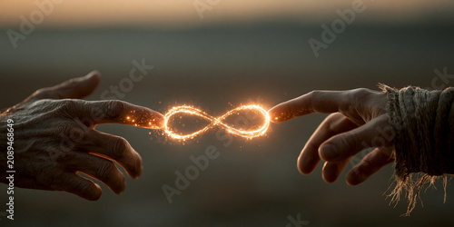 gentle hands connected by luminous infinity, glowing infinity symbol between reaching hands, eternal friendship with radiant infinity light