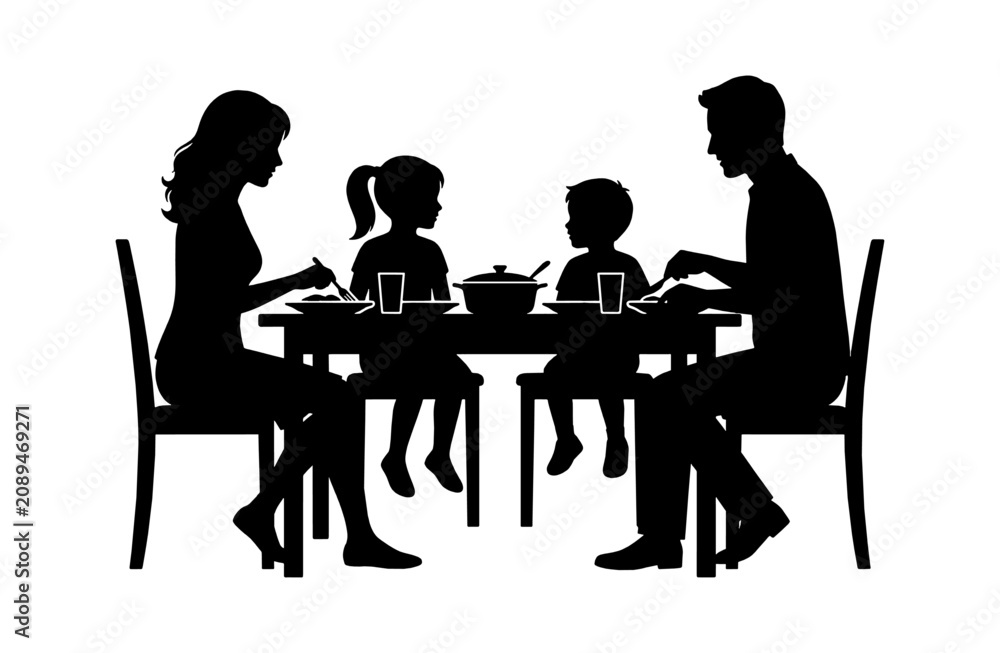 Fototapeta premium Silhouette of a happy family eating dinner together at a dining table at home isolated on transparent background, Vector
