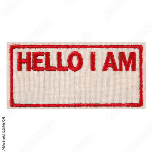 Embroidered Name Tag with Red Border and Text 'HELLO I AM' for Event Identification Isolated on transparent background