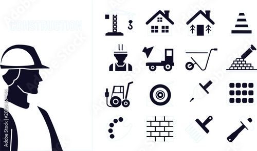 Construction and industrial engineering glyph icon set featuring worker profile architecture crane truck masonry and renovation tools
