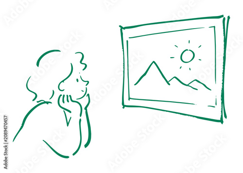 Obraz na plátne Hand drawn rough sketch of woman watching nature outside window, loose ink drawn female figure gazing at outdoor scenery in peaceful reflective pose