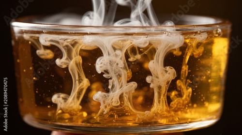 White smoke elegantly intertwines within a golden liquid inside a clear glass, creating a mesmerizing abstract display.