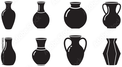 Bild auf Leinwand Black Silhouette Collection Of Various Vase Shapes On White Background