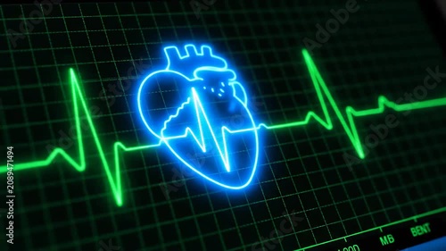 Electrocardiogram ECG Monitor with Glowing Heart Icon and Heartbeat Waveform