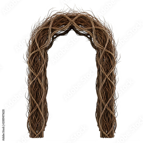 Decorative rustic arch made of twisted dry brown tree branches isolated on transparent background