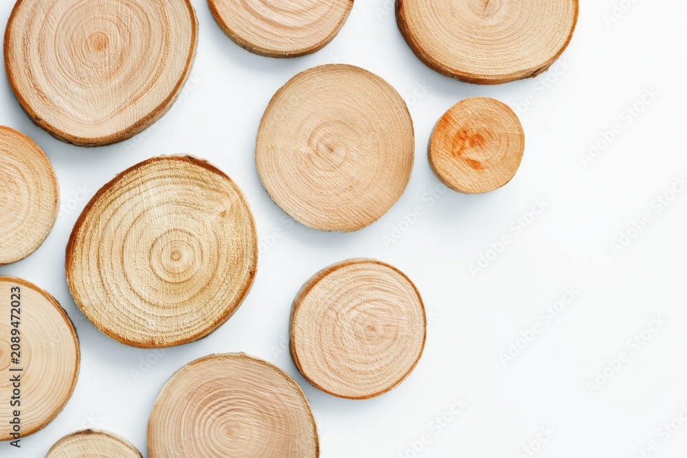 Fototapeta premium Wood rounds stacked and scattered on white background