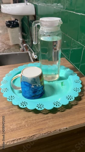 Clear decanter and mug on wooden tray near green tiled wall in public bath turquoise coaster and glass pitcher filled with water