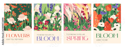 Modern floral posters, botanical wall art set. Spring and summer nature prints, wax crayon drawings. Hand-drawn paintings with field flower blooms, blossoms, wildflowers. Flat vector illustrations