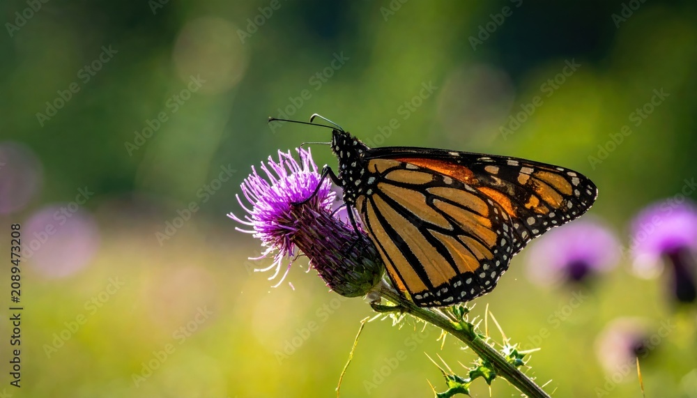 Obraz premium A Monarch Butterfly Resting on a Vibrant Purple Thistle Flower in Natural Sunlight