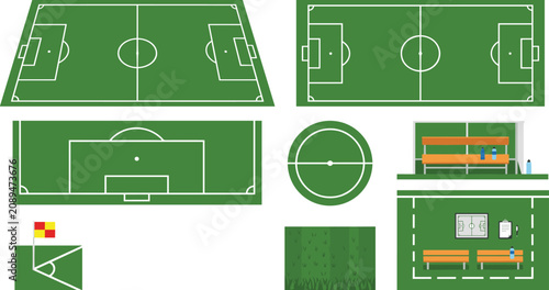 Soccer field clipart collection featuring football pitch layouts center circle corner flag team bench and stadium elements vector illustration set