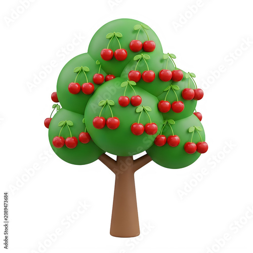 Small 3d cherry tree with ripe red fruit and green leaves isolated on transparent background
