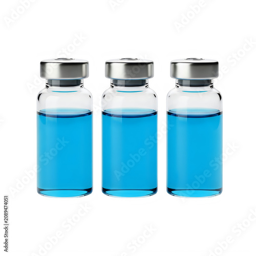 Three glass medical vials with blue liquid vaccine or medicine for injection isolated on transparent background