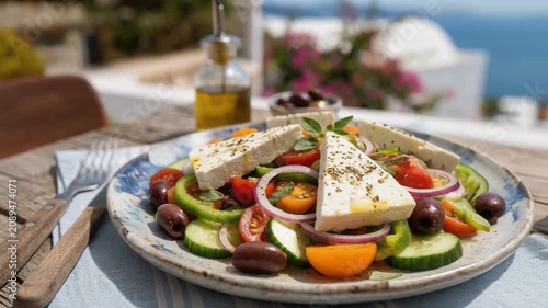 Traditional Greek salad with feta cheese, fresh vegetables, and olives served on a seaside terrace, showcasing Mediterranean cuisine and healthy coastal dining.