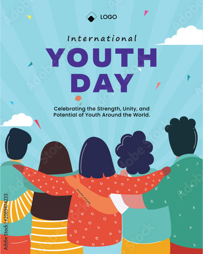 International Youth Day Celebration Greeting Card Template with Friends Group Back View Illustration.