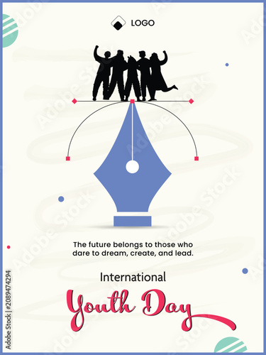 International Youth Day Greeting Card Template with Creative Pen Tool Vector Path and Celebrating People Silhouettes Illustration.
