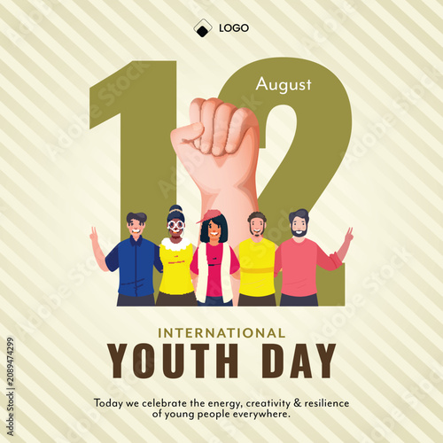 International Youth Day Greeting Card Template with 12 August, Raised Fist Symbol and Diverse Youth Unity Illustration on Striped Background.