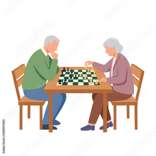 Faceless elderly man and woman sitting at a wooden table playing a game of chess on a checkered board. Minimalist flat vector illustration of senior citizens engaging in strategy.