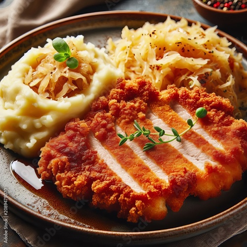 Traditional Crispy Schnitzel with Mashed Potatoes and Sauerkraut