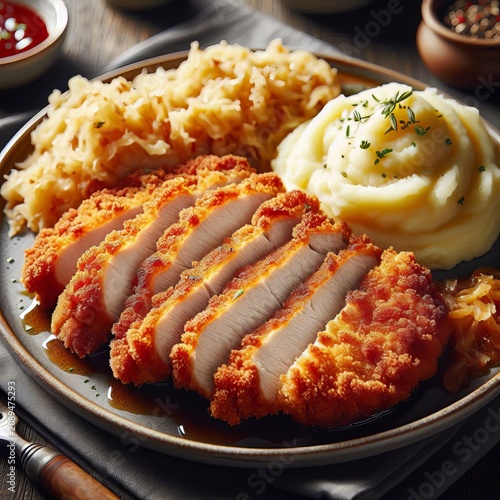 Traditional Crispy Schnitzel with Mashed Potatoes and Sauerkraut