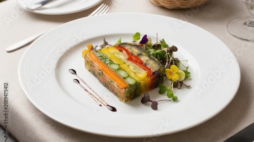 Elegant gourmet vegetable terrine beautifully plated with edible flowers and microgreens, showcasing fine dining cuisine, culinary artistry, and sophisticated restaurant presentation.