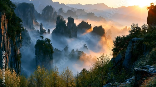 Ethereal Spires at Dawn: Sunrise Over the Sea of Clouds in Zhangjiajie National Forest Park