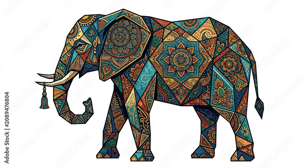 Obraz premium Ornate Indian elephant illustration with colorful mandala patterns on white background.