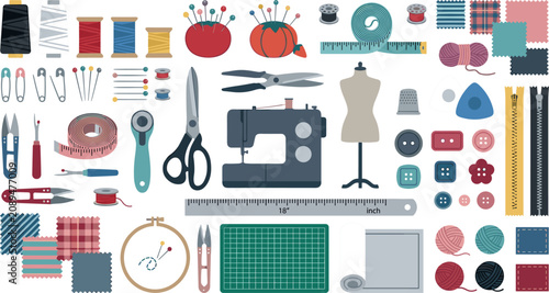 Tableau sur toile Tailoring and dressmaking vector illustration set featuring a sewing machine man