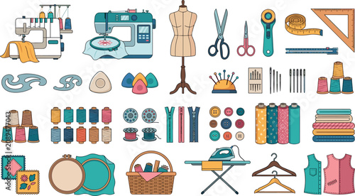 Konstfotografi Comprehensive vector set of sewing equipment and dressmaking tools featuring sew