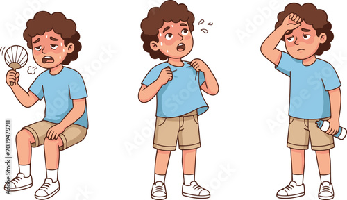 Konstfotografi Cute cartoon boy character set showing feeling unwell with fever symptoms, checking temperature, coughing, and holding his head