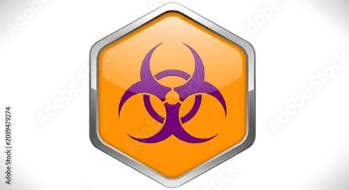 A hexagonal warning sign featuring a purple biohazard symbol on a glossy orange background, isolated on a white background, for safety alerts