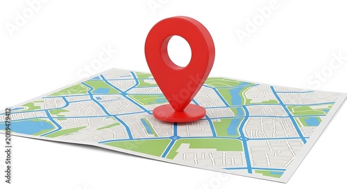 A red 3d location pin marker standing upright on a flat paper map with blue roads and green areas, isolated on a white background, for navigation