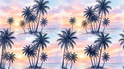A serene summer sunset scene with palm trees standing tall on a beach overlooking calm waters under a vibrant sky.