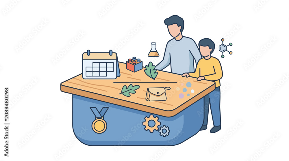 Obraz premium Father and son learning science and building blocks