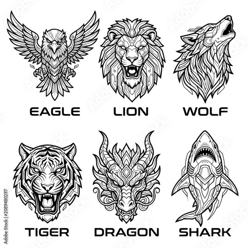 Detailed set of six intricate mechanical animal vector illustrations featuring an eagle lion wolf tiger dragon and shark with sharp black lines on a clean white background for modern design.