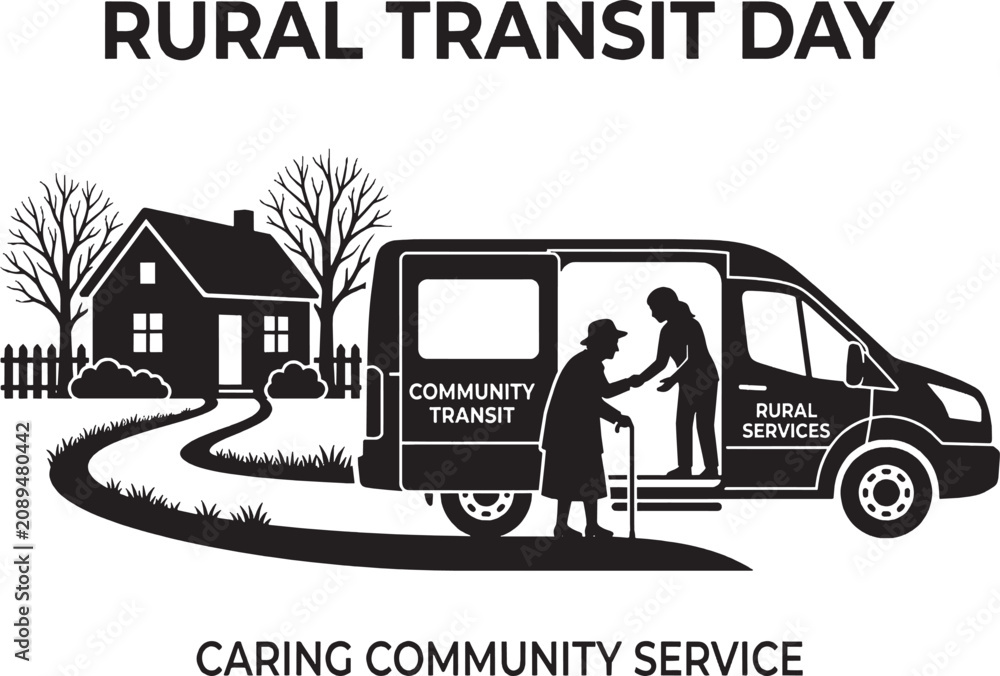 Obraz premium Rural transit day illustration showing a van picking up an elderly person at a house for community transport service isolated on transparent background, Vector