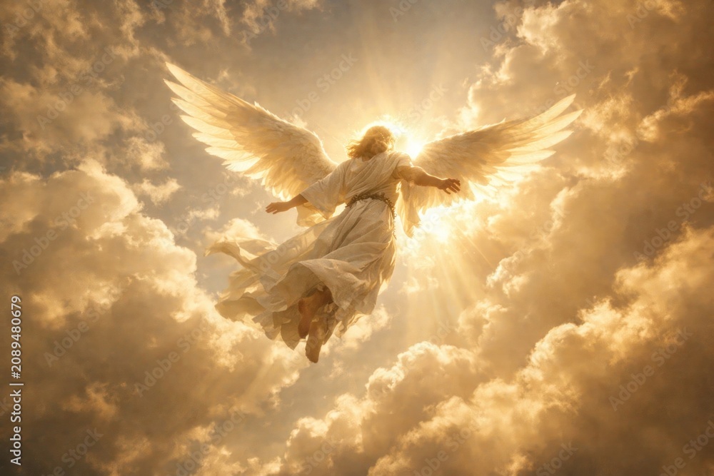 Obraz premium Heavenly angel soaring through clouds.