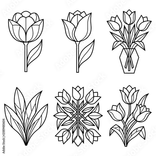 Elegant vector illustration featuring a collection of six distinct tulip flower designs rendered in clean black outlines perfect for botanical stationery projects or minimalist graphic art application